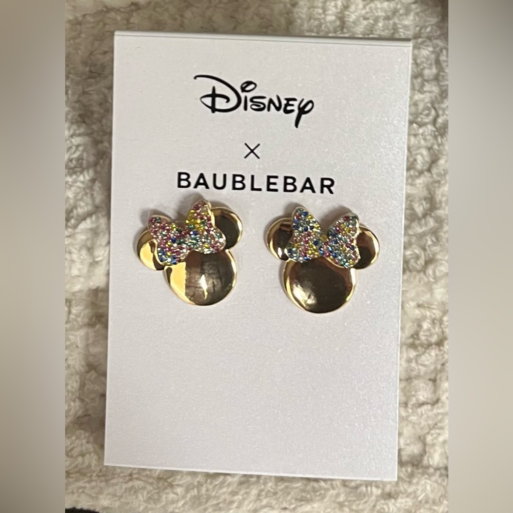 New Disney Baublebar Minnie Earrings, Gold with Colored Gemstone Bow